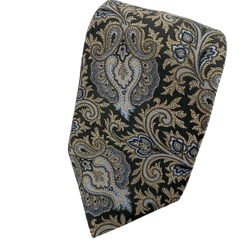 JZ‎ Gallary Collection Black Gold Blue Paisley Neck Tie All Silk Hand Made USA